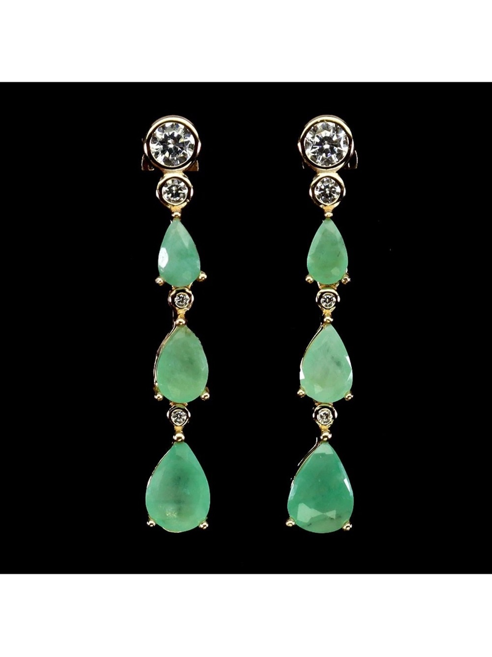 Elegant Genuine Emerald Teardrop with zircon accent Dangle Earrings 14K Gold